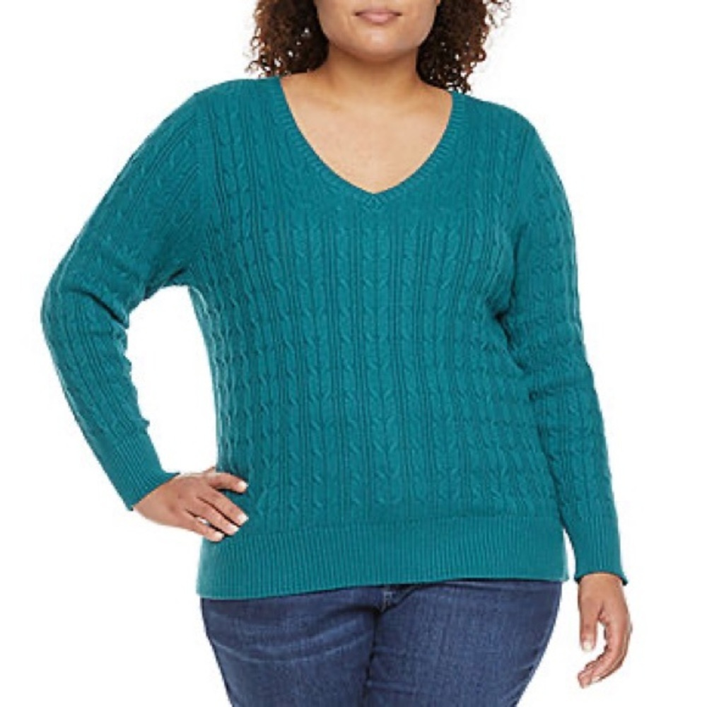 St. John's Bay Plus Cable Womens V‎ Neck Long Sleeve Pullover Sweater